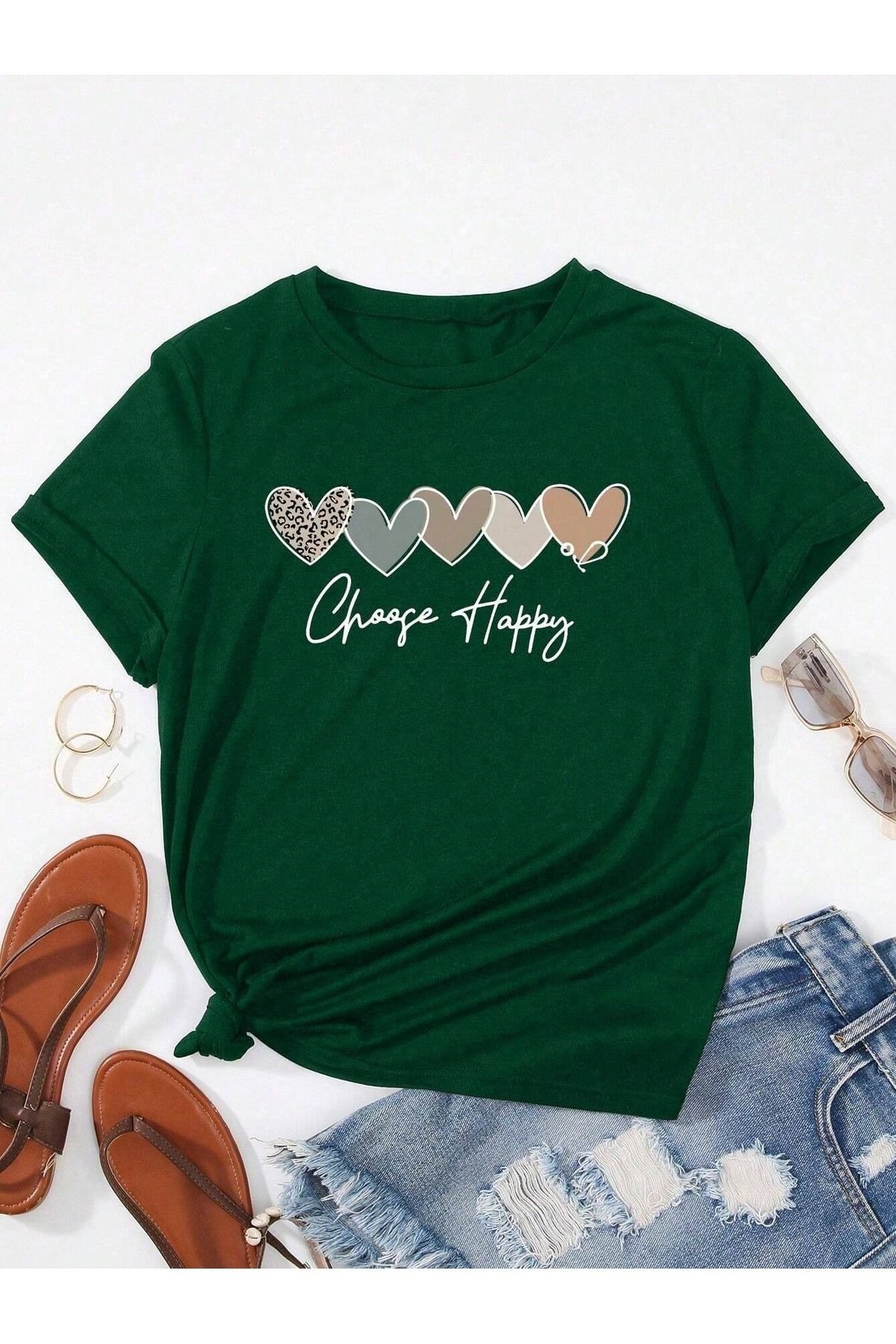 Women's Nefti Green Chose Happy Printed Oversize T-Shirt
