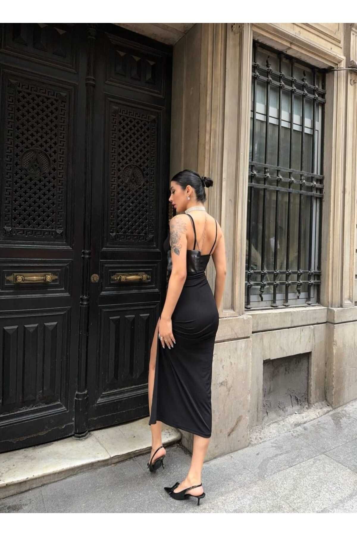 OlaLady-Sandy Fabric - Rochie lungă de damă cu bretele subțiri și fante 5