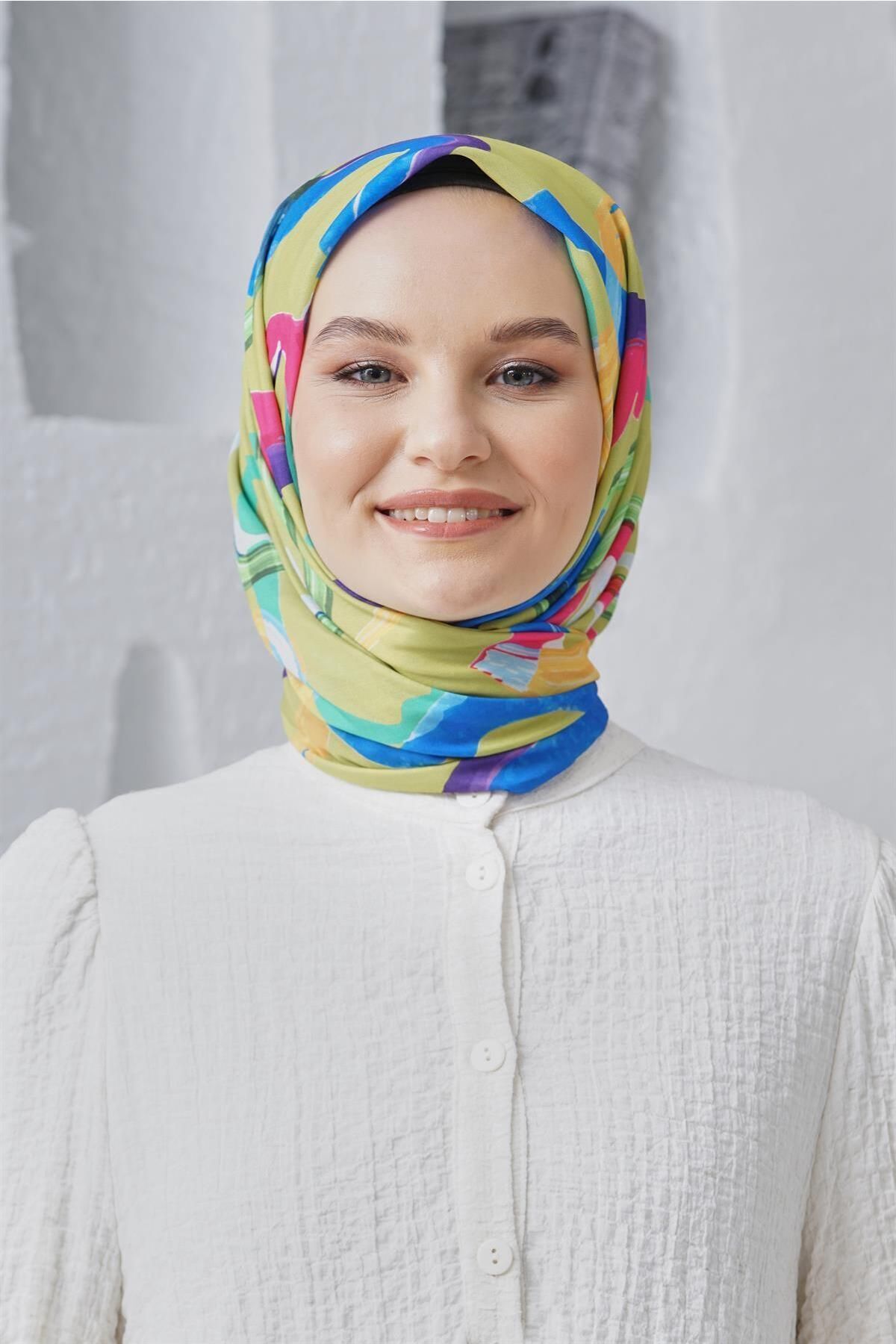 روسری سبز حجاب پارچه کتانی مخلوط پنبه بادام زمینی Loryan