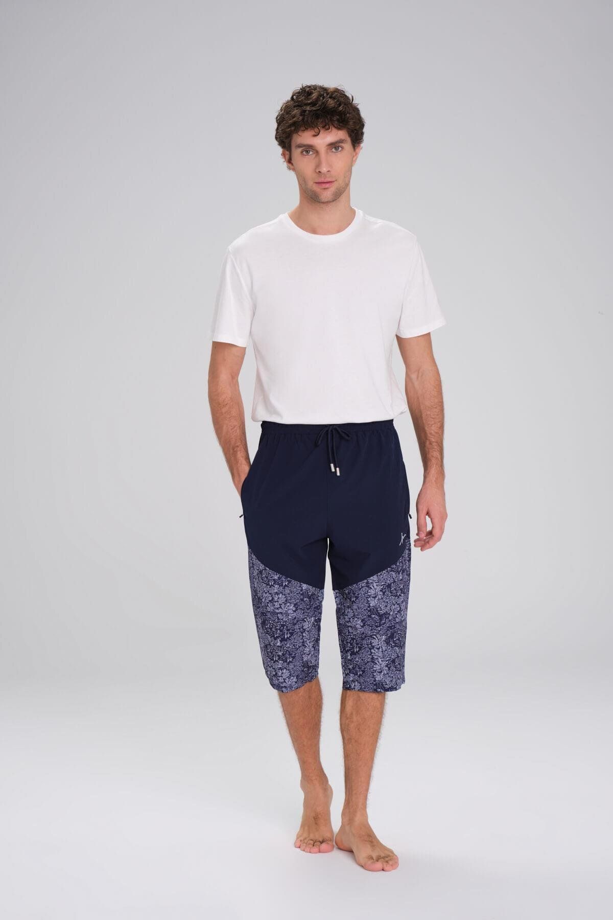 Haşema-Navy Blue and White Patterned Long Men's Shorts - 24-13 for Pool and Sea 2