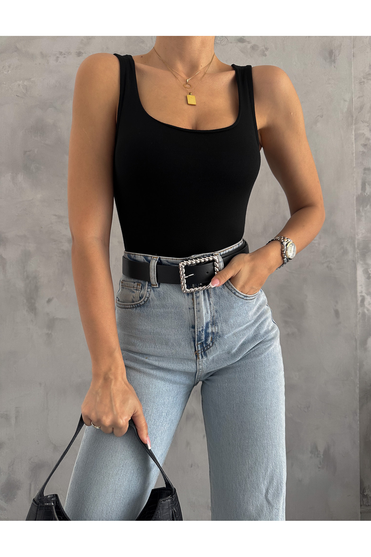 ladyzey  kadın siyah kare yaka önü çift katlı kalın askılı bluz