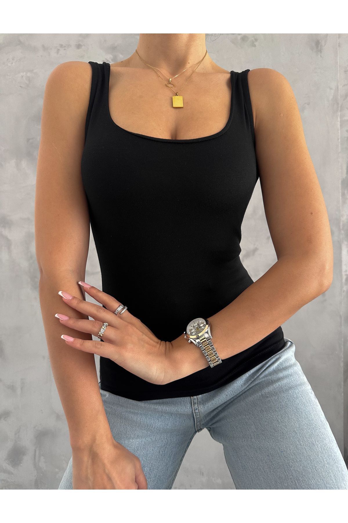 ladyzey  kadın siyah kare yaka önü çift katlı kalın askılı bluz - Görsel 2