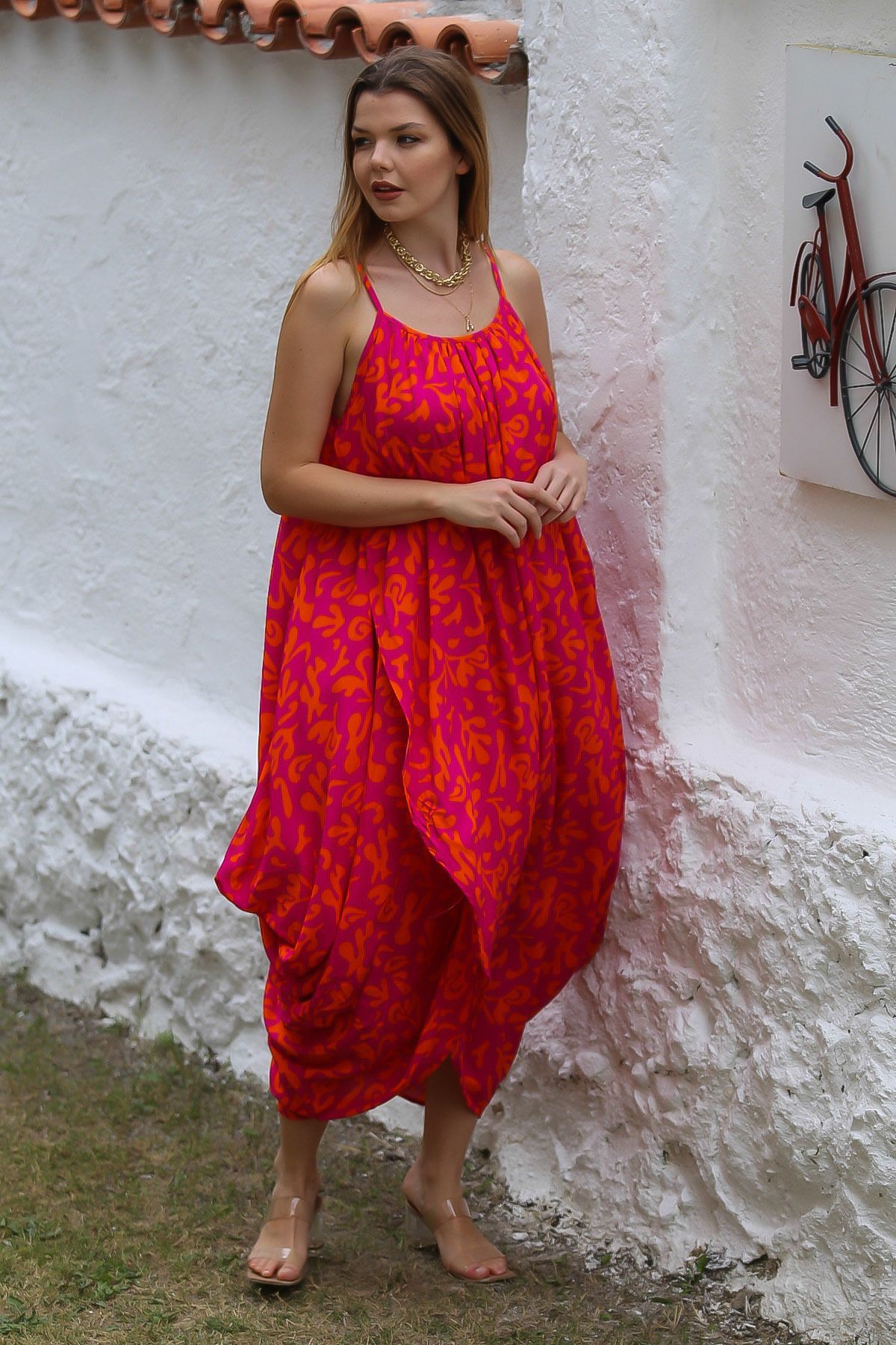 Chiccy-Rochie roșie cu imprimeu țesut casual - cu bretele și încrețite 6