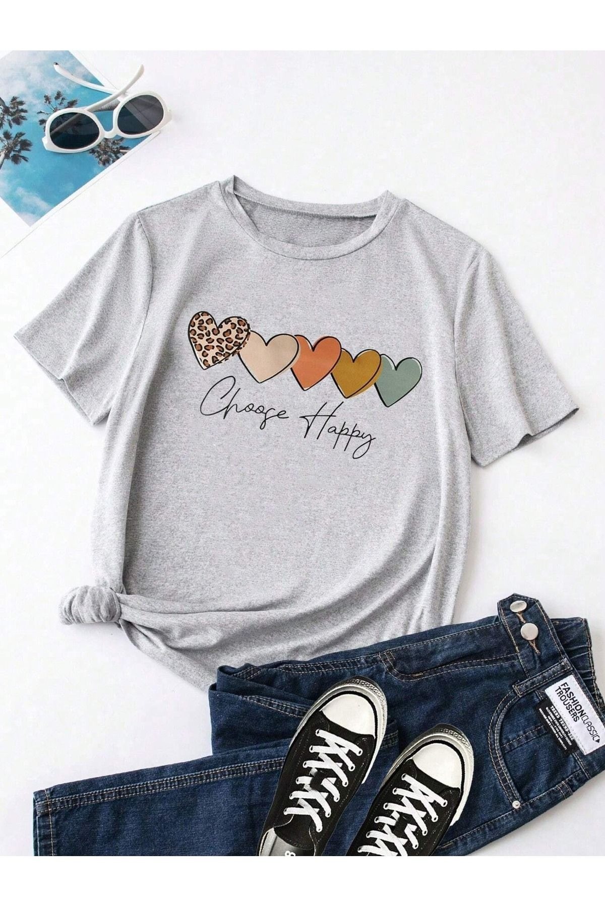 Women's Gray Chose Happy Printed Oversize T-Shirt