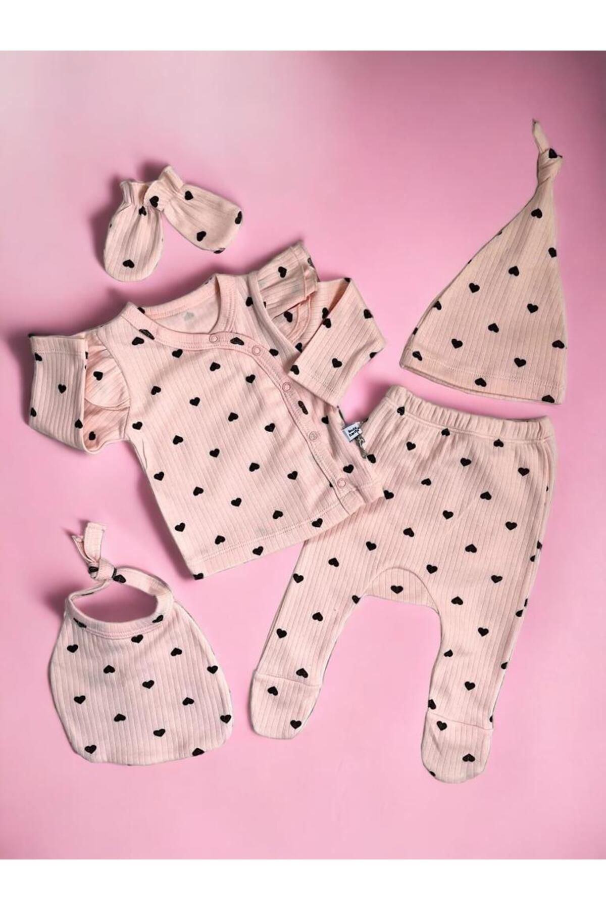 dapki Heart Pattern Somon 5’li Yenidoğan Kız Bebek Hastane Çıkışı Seti fotoğrafı 4 (önizleme)