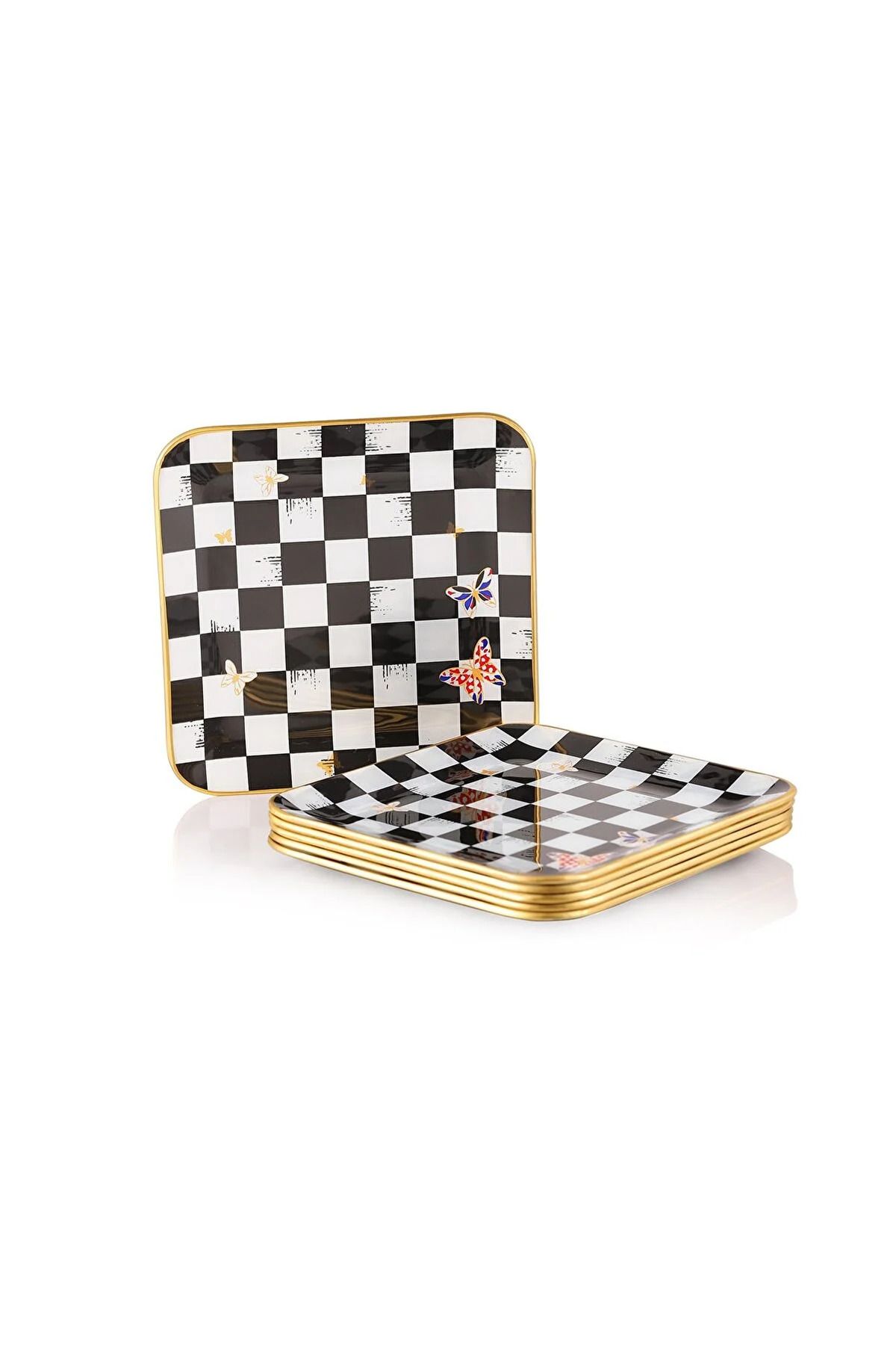 B&M-Checkered Butterfly Patterned Square Cake Plate 6 Pieces 3