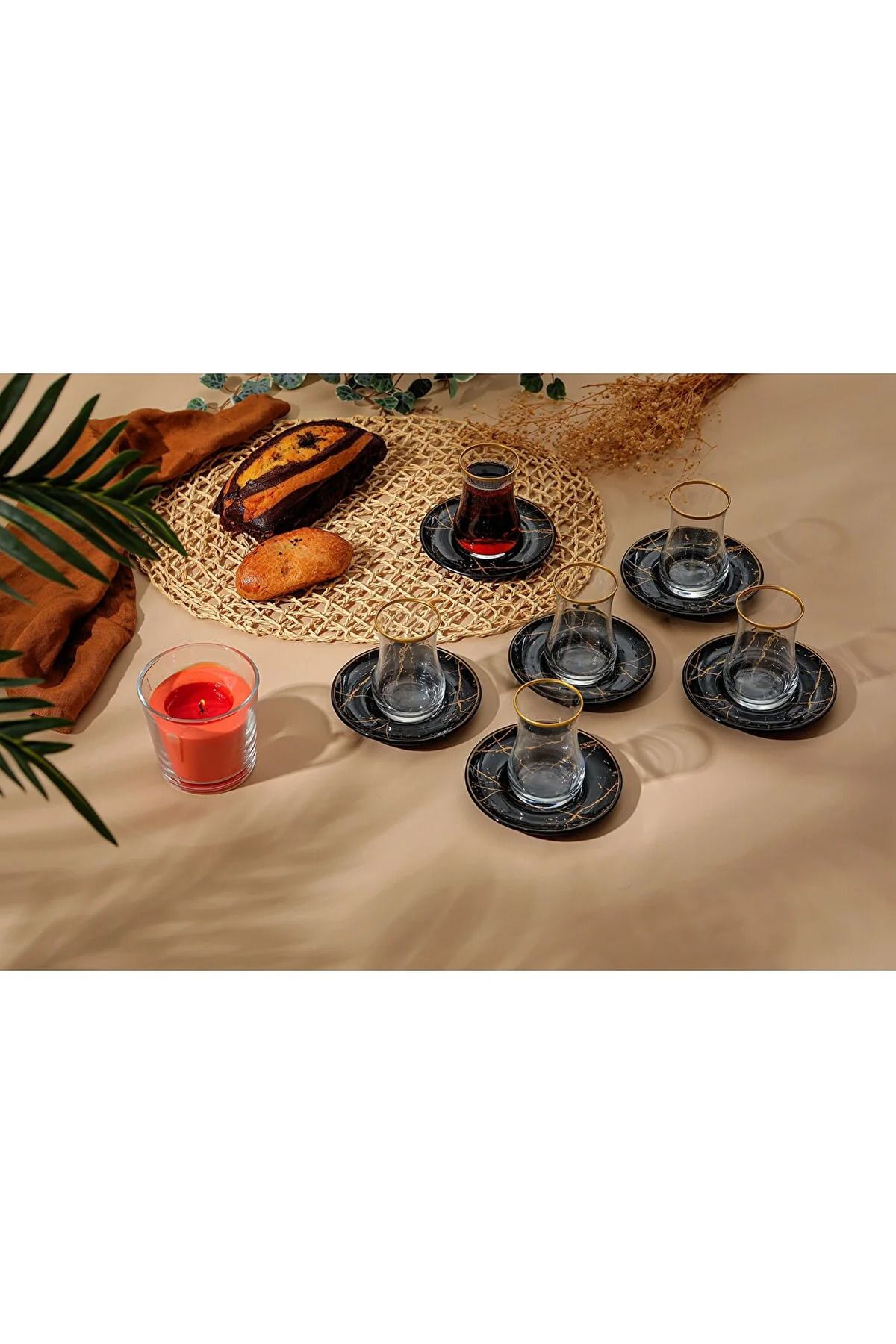 B&M-12 Piece Round Black Marble Patterned Tea Set 2