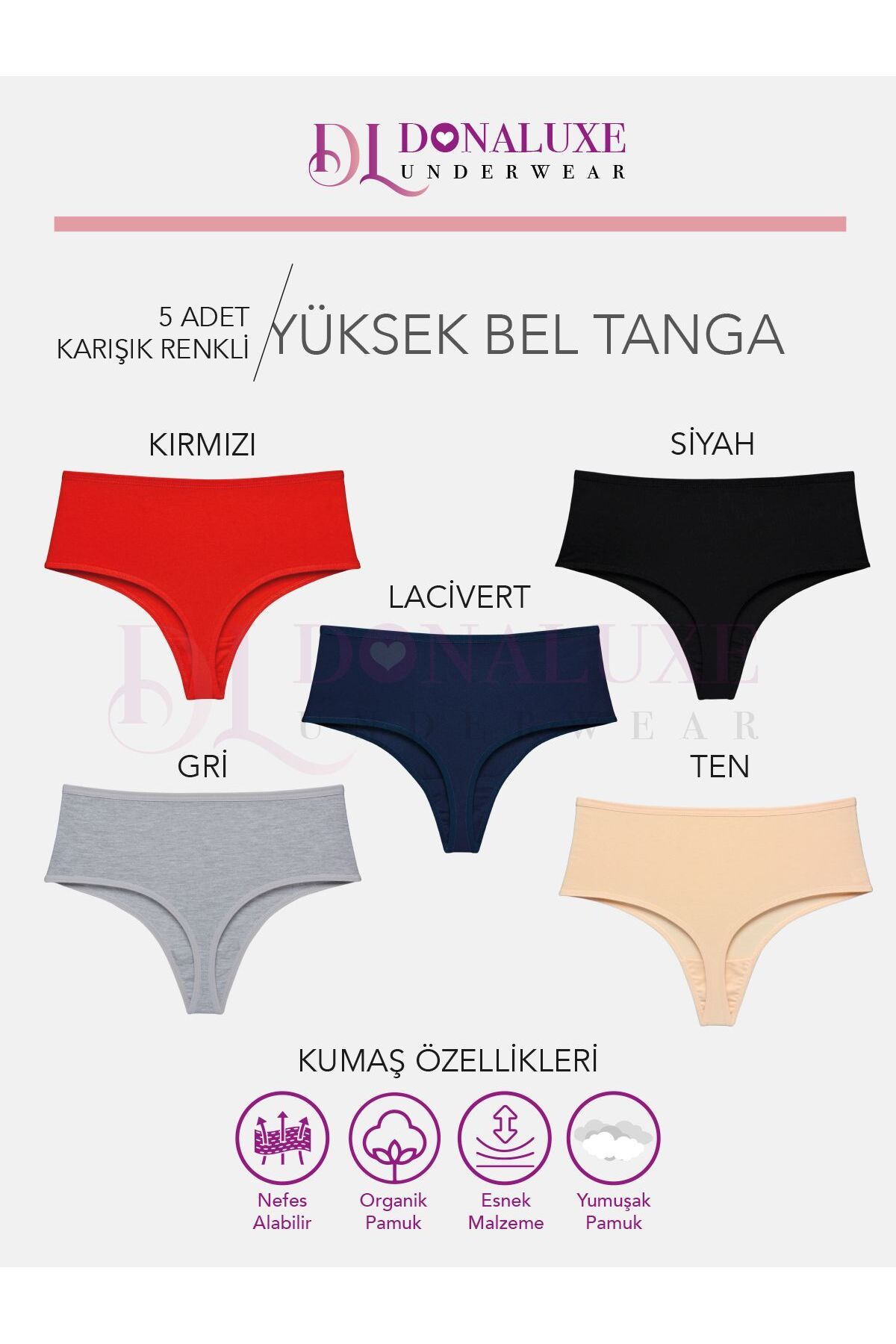 Donaluxe-Red, Skin, Navy Blue, Grey and Black Thong, Soft Cotton 5 Pcs Package 2