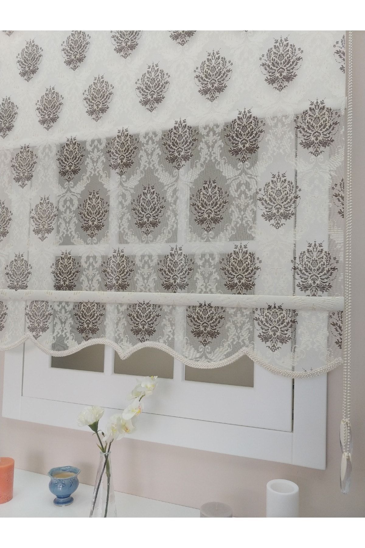 Atölye Perde Çiftli Sistem Krem Kahve Küçük Damask Motifli Tül+stor - Görsel 1
