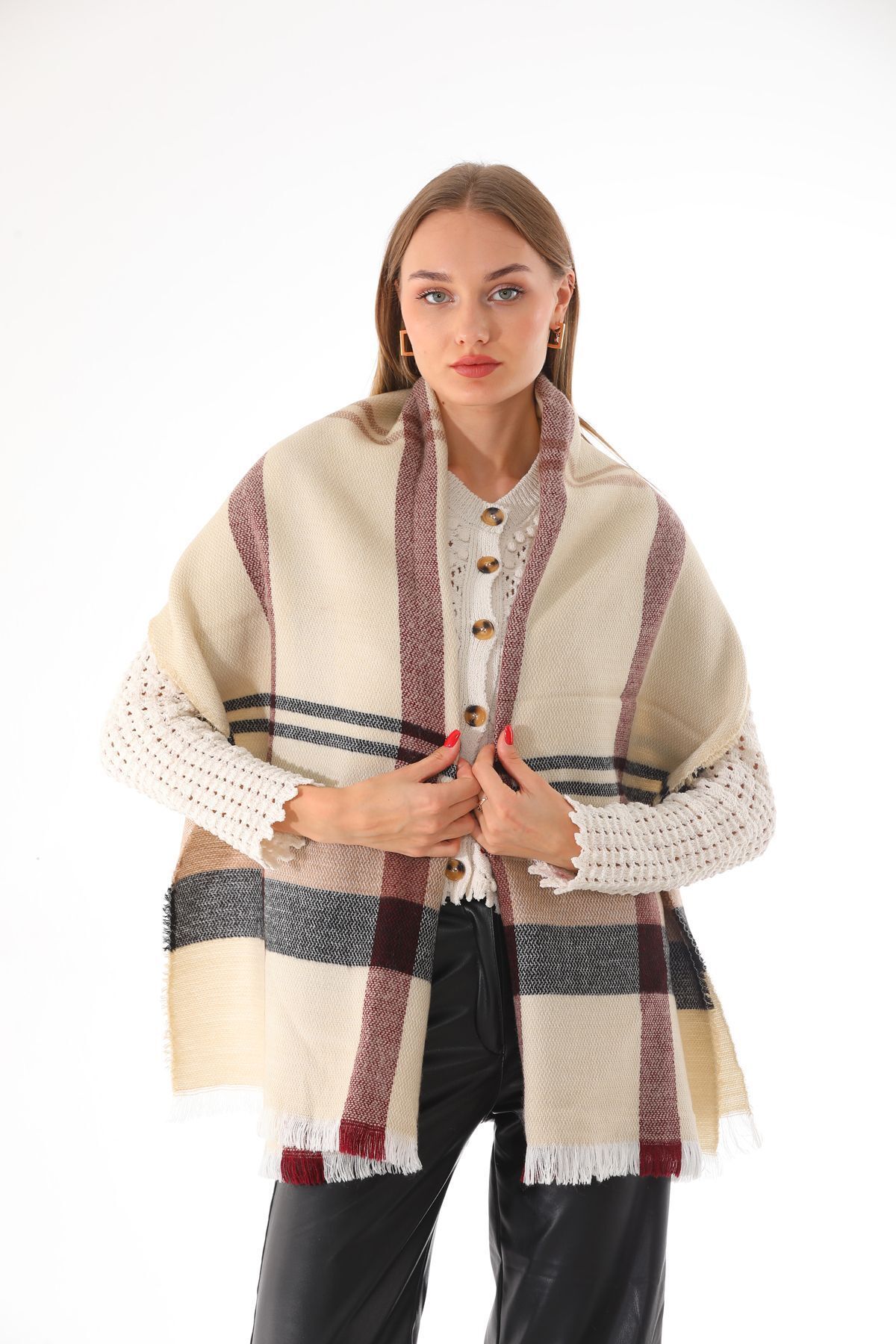 Ritagarcia-Women's Soft Textured Beige-burgundy Plaid Scarf 2