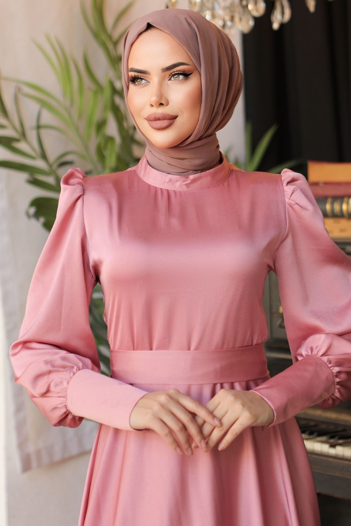 InStyle-Rochie din satin Dusty Rose - Maneca cu fermoar 2