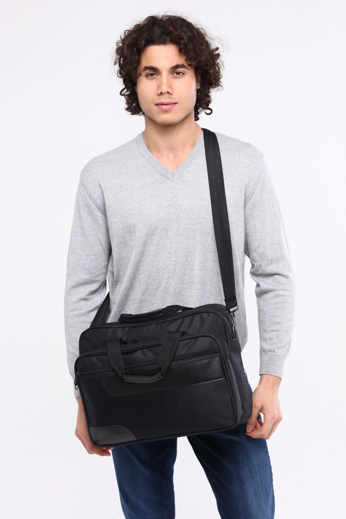 Ramsburry  Unisex Siyah Su Geçirmez 15.6 Inç Laptop Bölmeli Çok Gözlü Çapraz Ayarlanabilir Askılı Evrak Çantası - Görsel 3