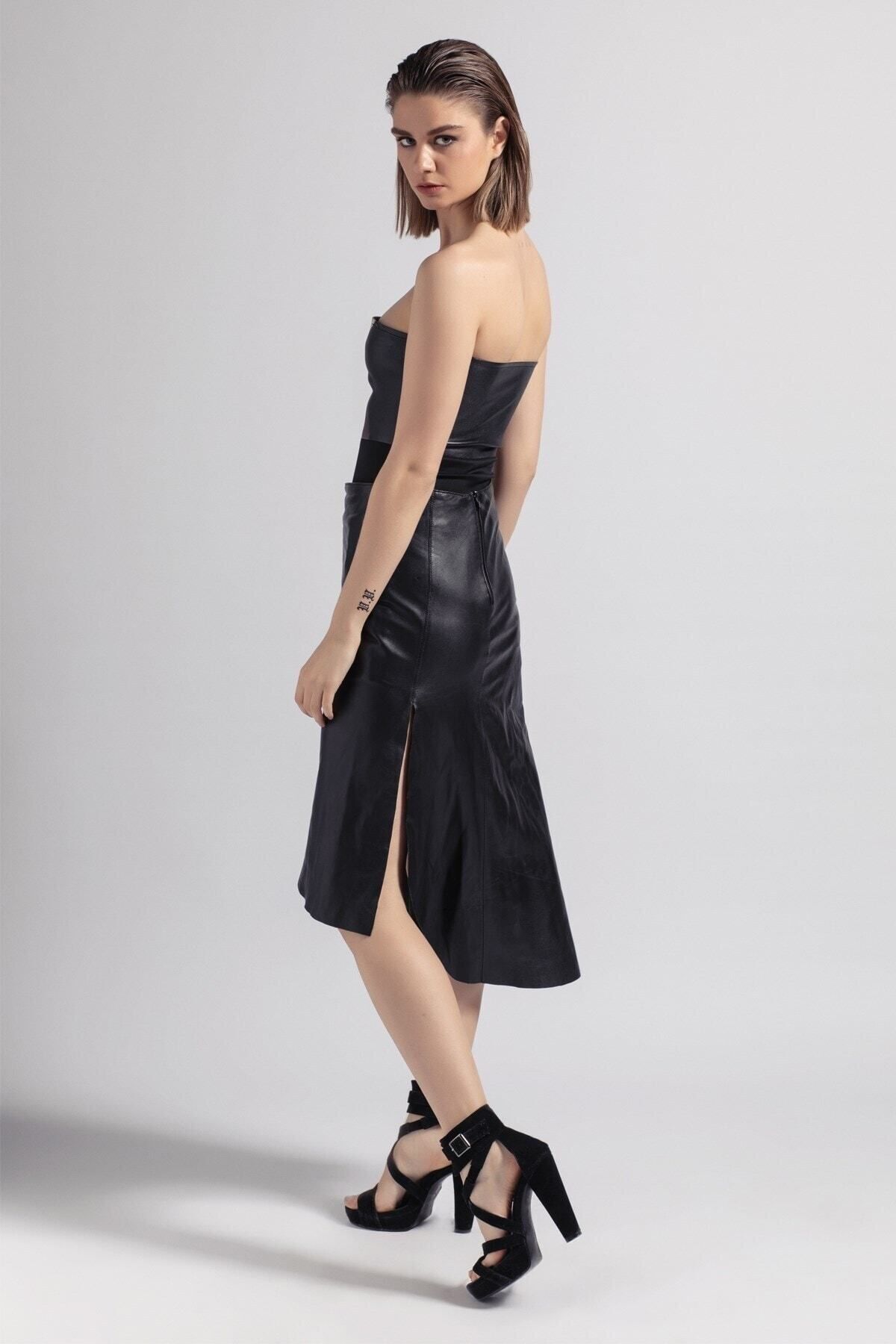 Deriderim Черная женская юбка из натуральной кожи с разрезом спереди, асимметричная расклешенная длинная юбка на молнии сзади TX9C1DEF6E1388