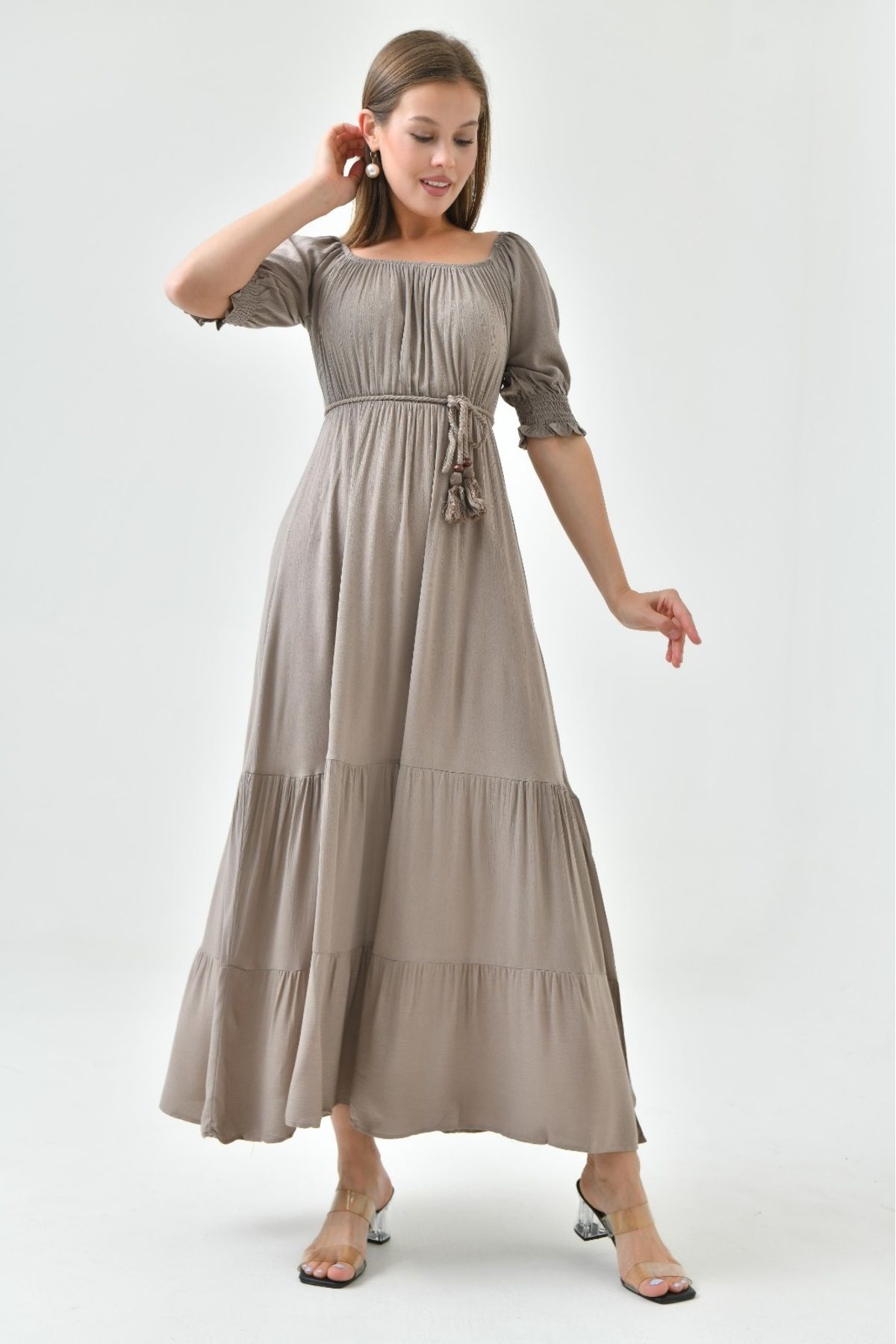 bayansepeti Rochie Maxi Din Bumbac Cu Guler Madonna - Curea De Frânghie, Design Din Bumbac 6298 Femeie - S