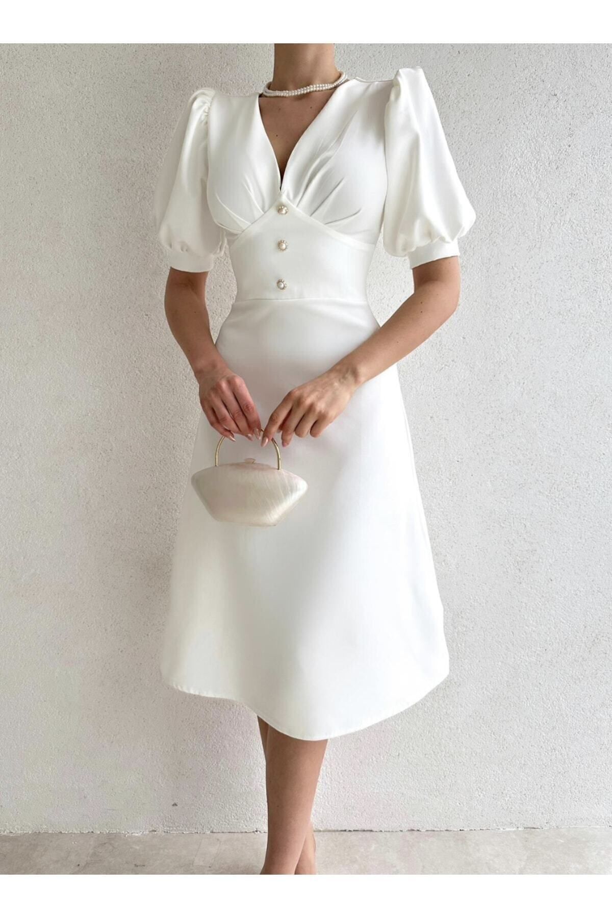 Afiş Butik  Beyaz Inci Düğme Detaylı Yarım Kol Midi Elbise - Görsel 3