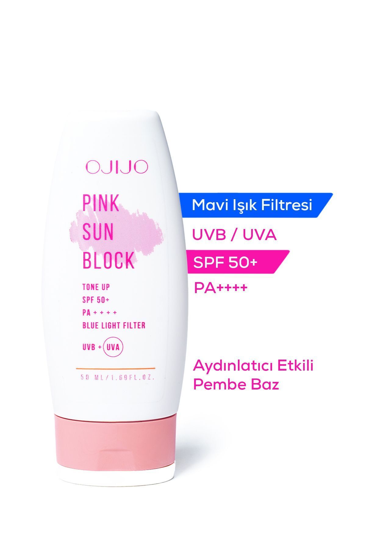 کرم ضد آفتاب صورتی با رنگ ضد آفتاب صورتی برابر با Spf 50 OJIJO