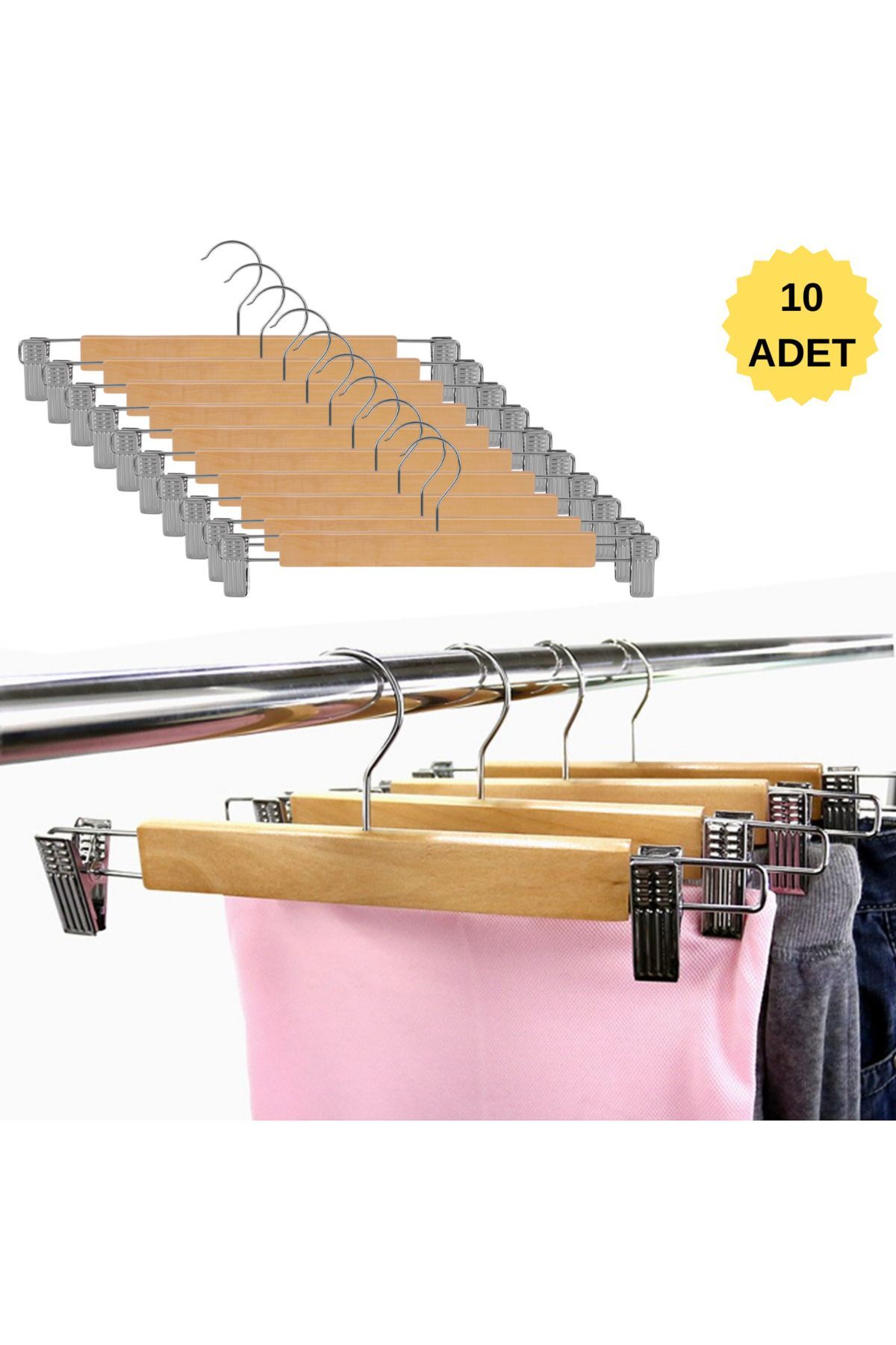 DEKOHOP Ahşap Etek Pantolon Askısı Mandallı Lüks Elbise Askılık Vernikli Renk 10/50/100 Adet