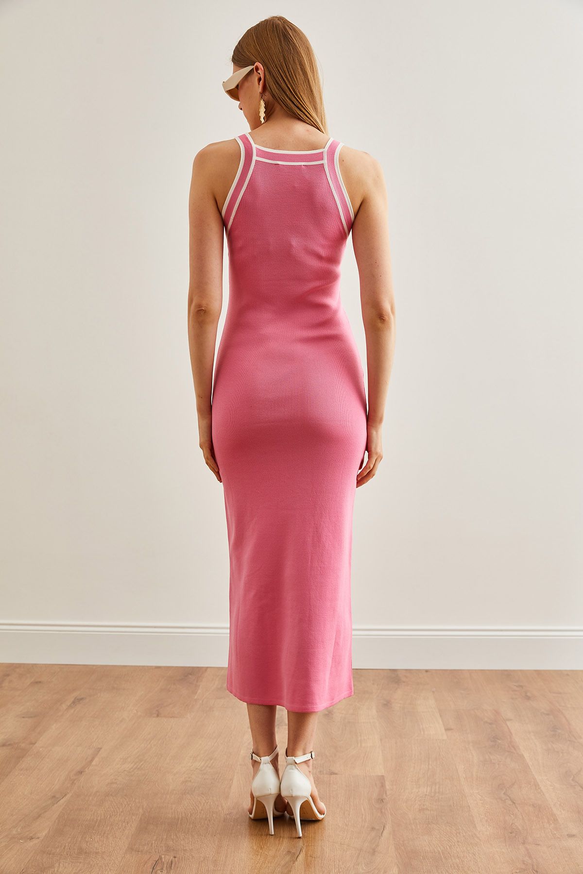 Kadın Pembe Halter Yaka Maxi Triko Elbise ELB-19002070
