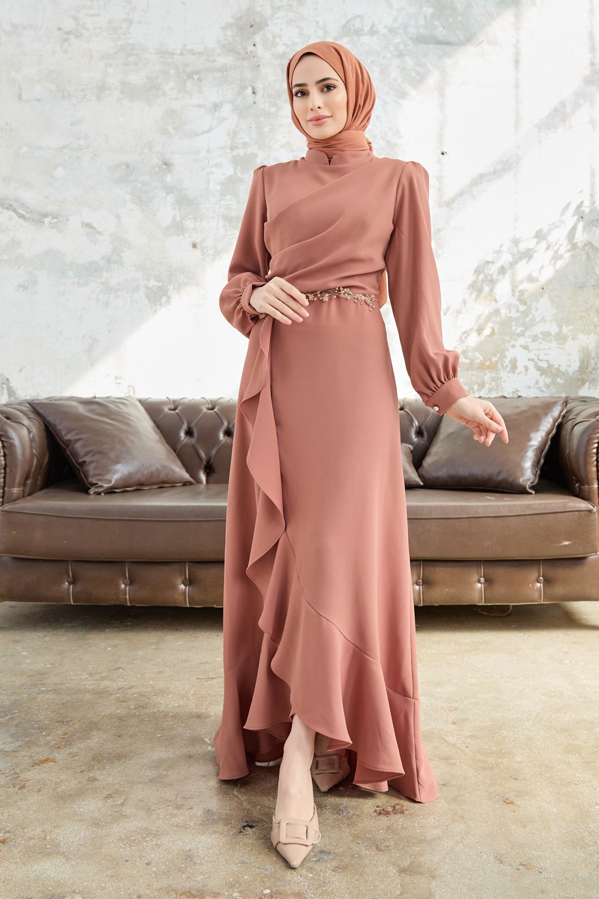 VAV NOR Evening Dress with Flounce Skirt Camel Trendyol