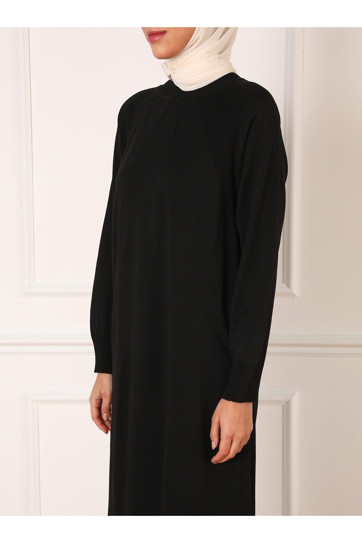 Refka-Gürtel Detaillierte Reglan Ärmel Strick Hijab Kleid - Schwarz - Refka 5