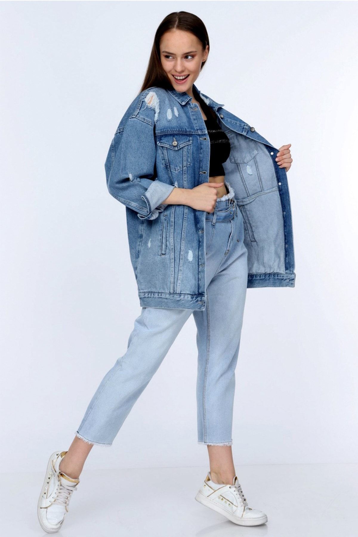 Denim Vintage Women s Light Blue Ripped Oversize Loose Long Denim Jacket Trendyol