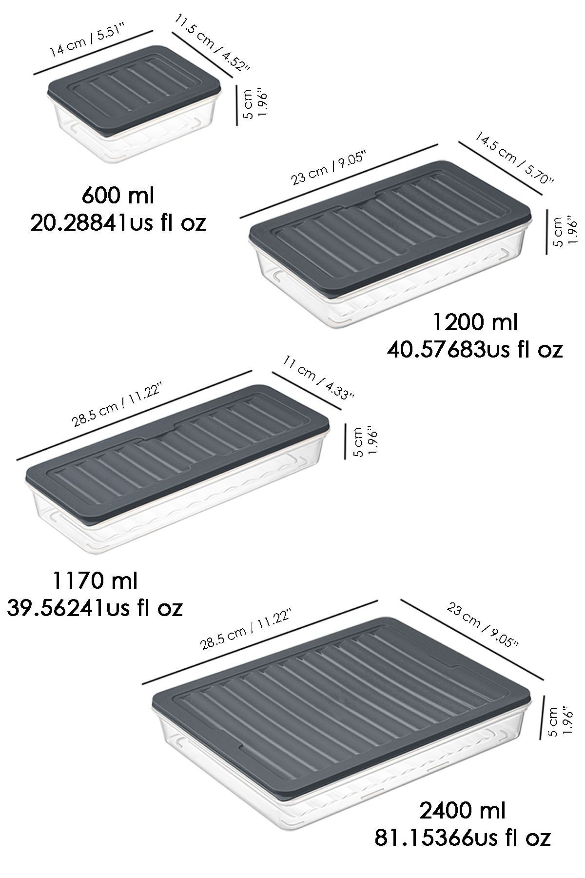 Meleni Home-22 Pieces Anthracite Storage Container - 2x2400Ml 2x1200Ml 6x1170Ml 12x600Ml Microwave Compatible 8