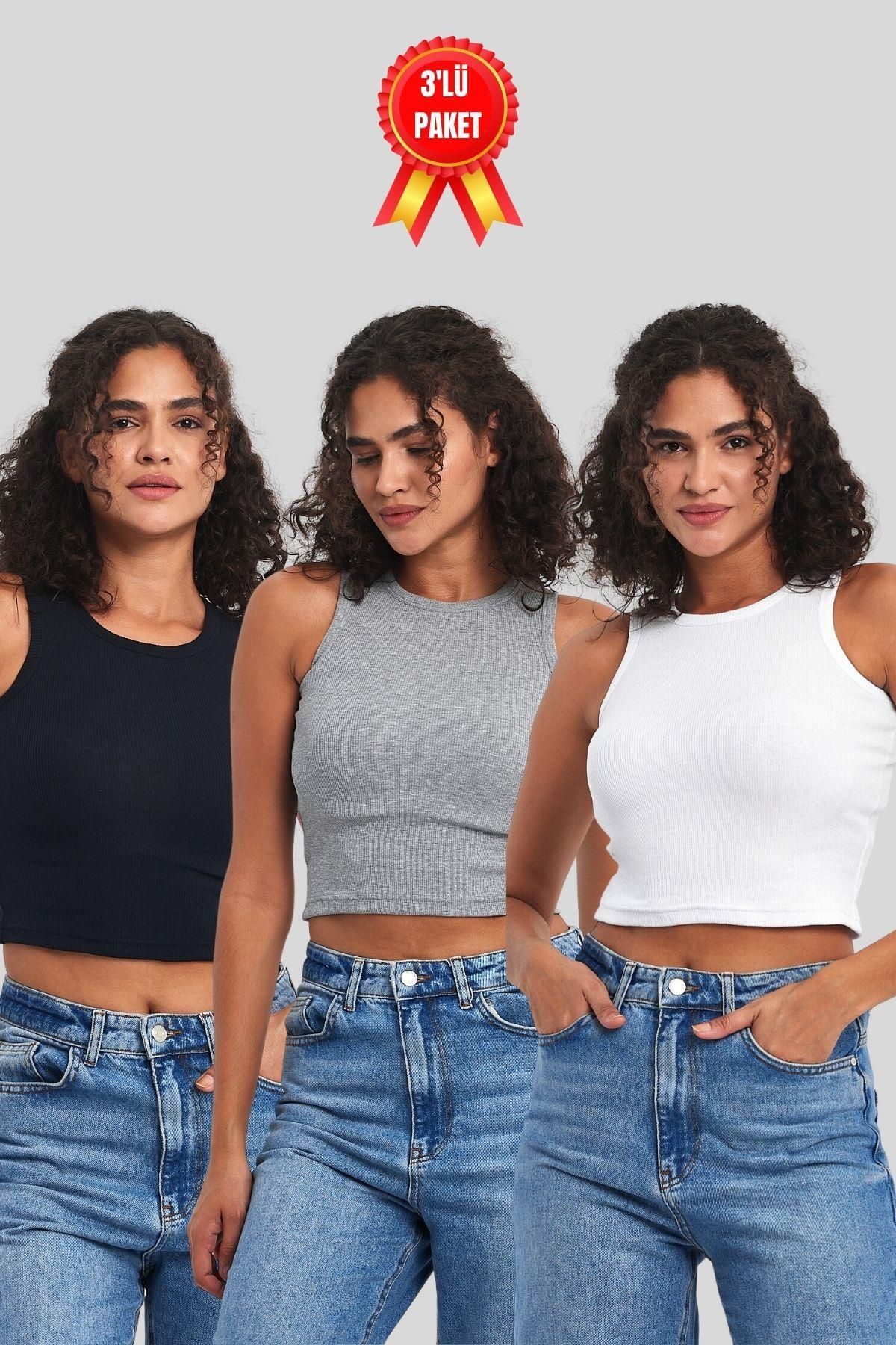 COMEOR Kadın Siyah-gri-beyaz Fitilli Görünümlü Askılı Kalın Esnek Örme 3'lü Basic Crop Atlet