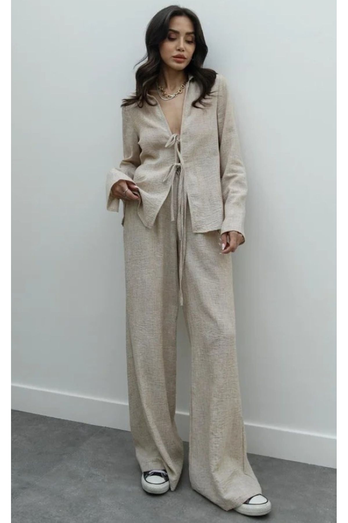 My Blog Zestaw Krótkie Kimono I Spodnie Taupe Kobieta - L