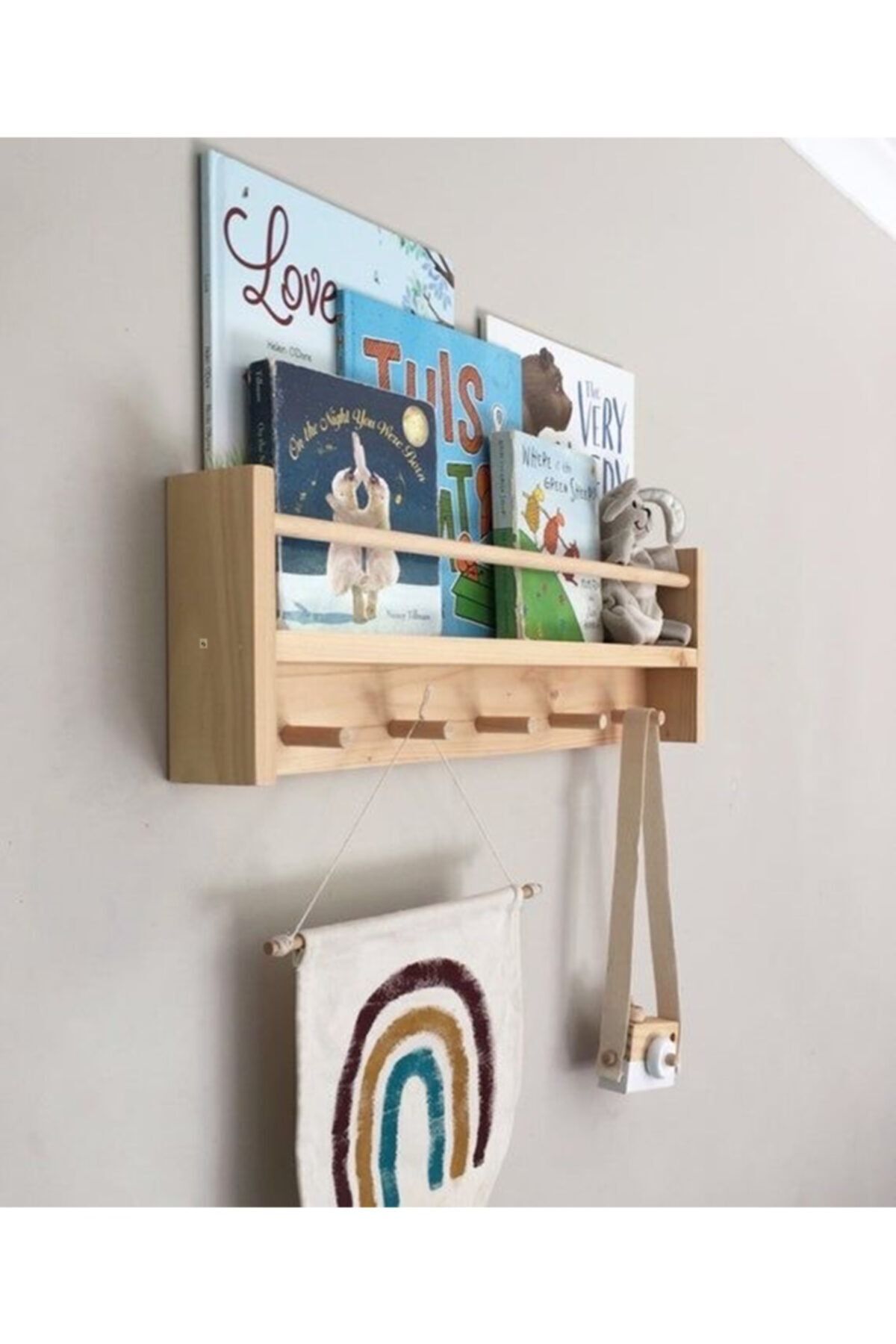 OlcayAksesuar Doğal Ahşap Montessori Kitaplık Çocuk Bebek Odası Askılık Duvar Rafı Yan Uzun fotoğrafı 2 (önizleme)