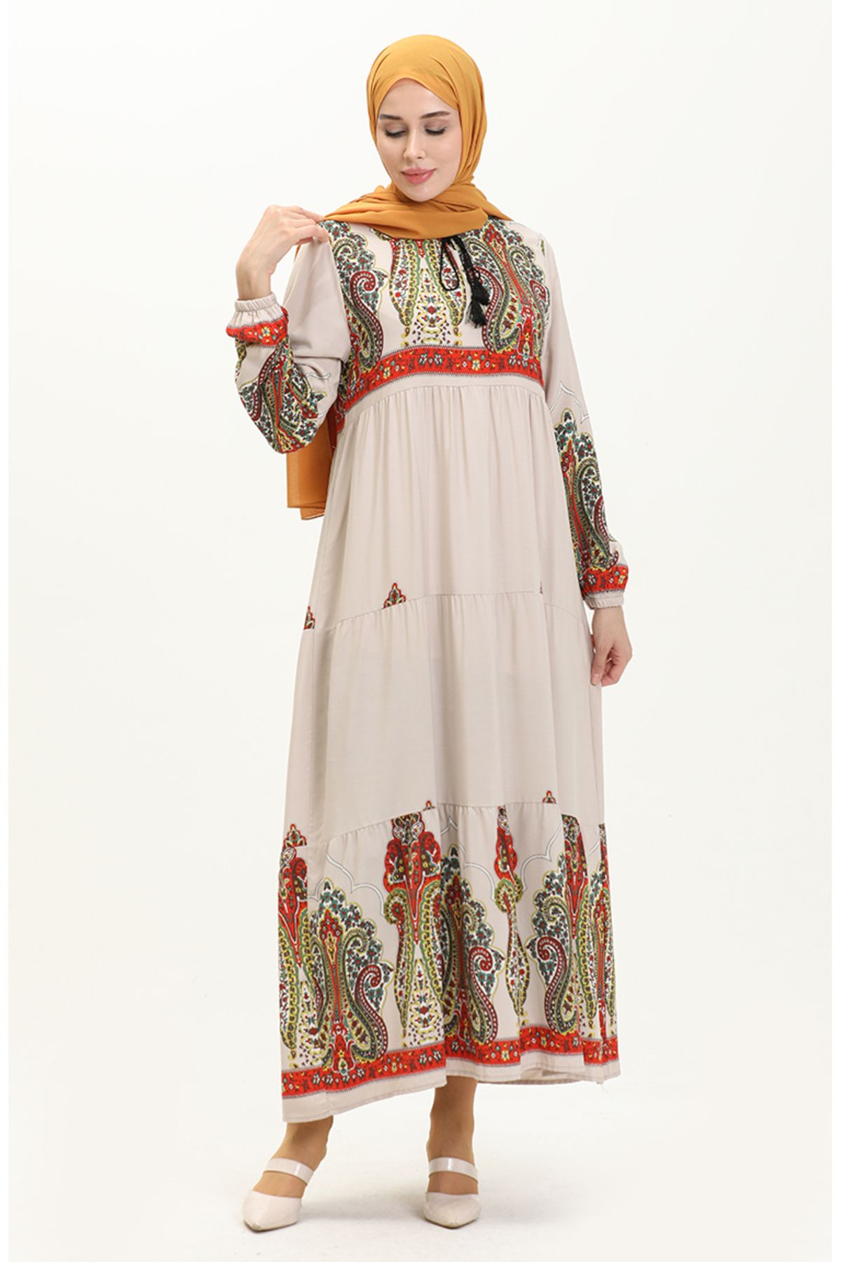 sefamerve-Rochie din viscoză cu model culoare piatră - 4073-03 2