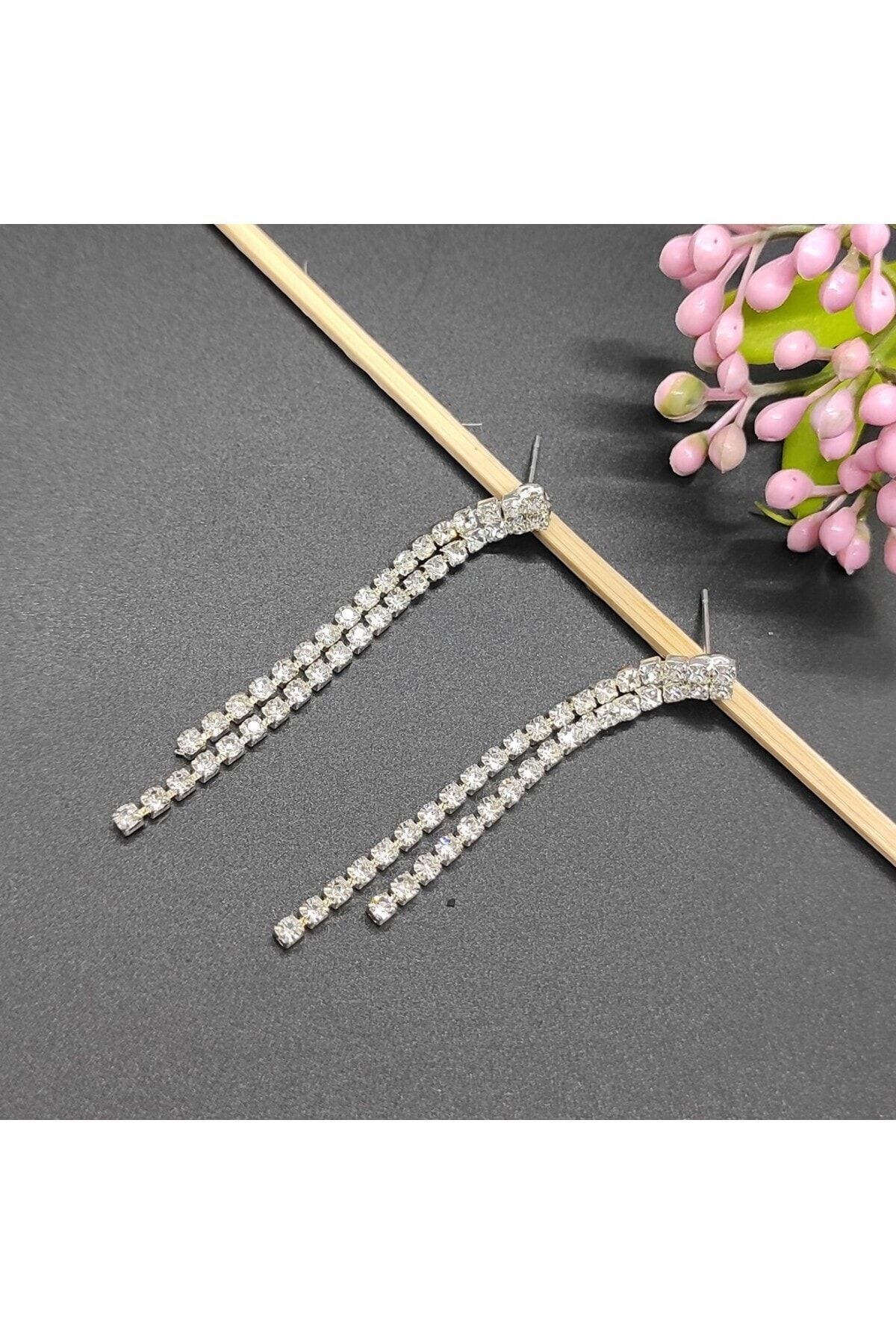 Abiye Küpe Suyolu Model 2 Kol Sallantılı Zirkon Taşlı 6 cm Gümüş Renk 3
