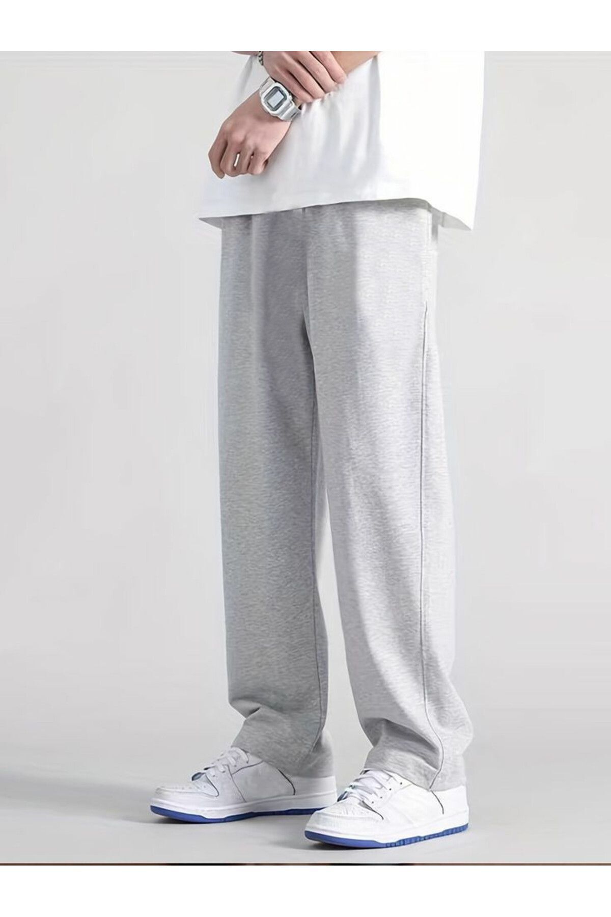 F TGO Men s Baggy Loose Fit 2 Thread Oversize Gray Flat Leg Sweatpants Trendyol