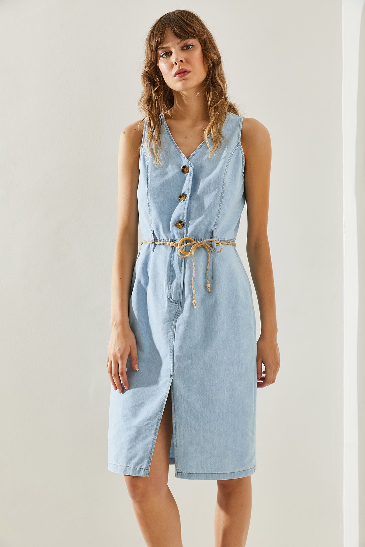 Bianco Lucci-Rochie de damă din denim subțire cu decolteu în V - 60251264 3
