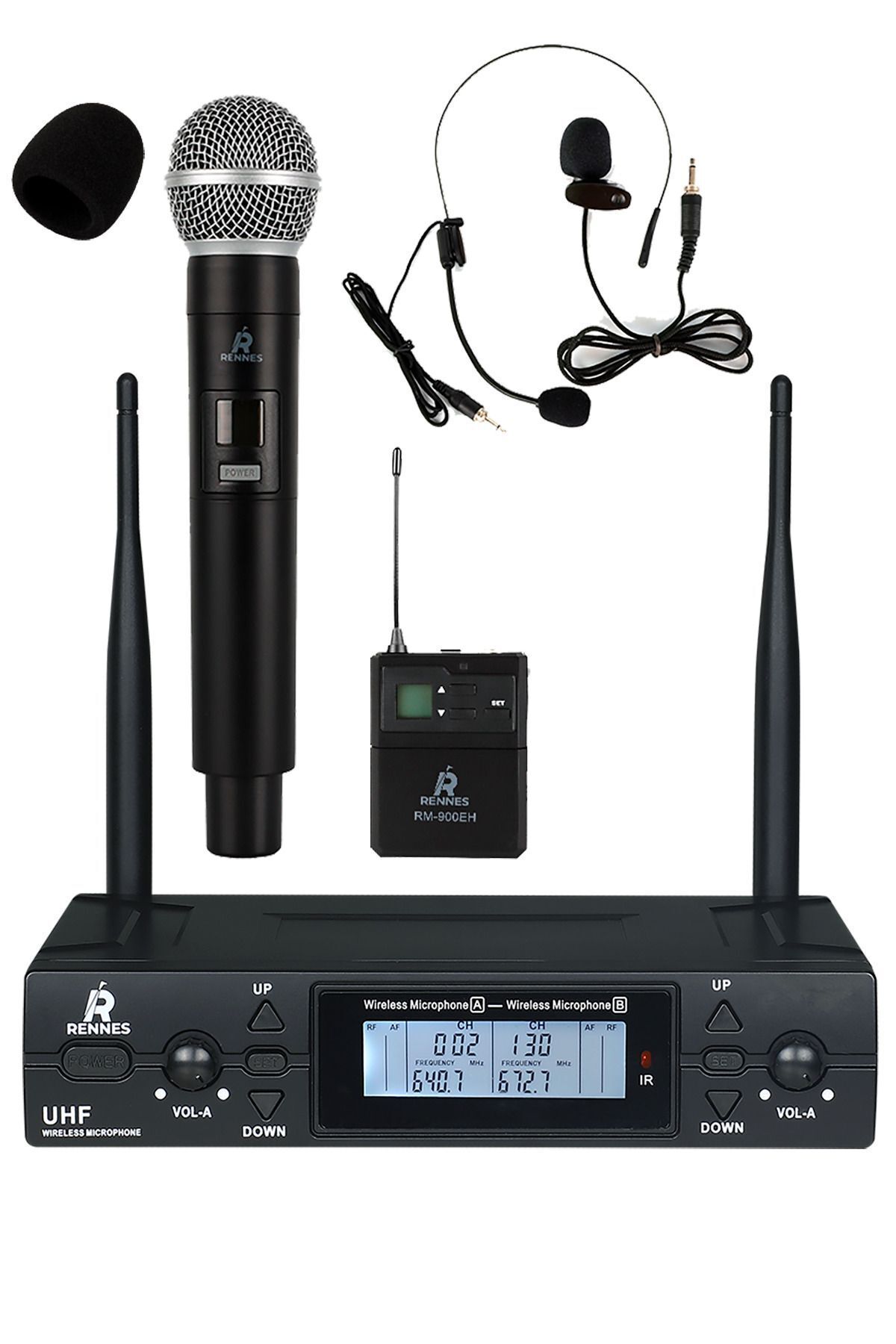rennes Rm-900eh Uhf 2x100 Kanal Çiftli Kablosuz El Yaka Headset Mikrofonu Çift Anten Lcd Ekran