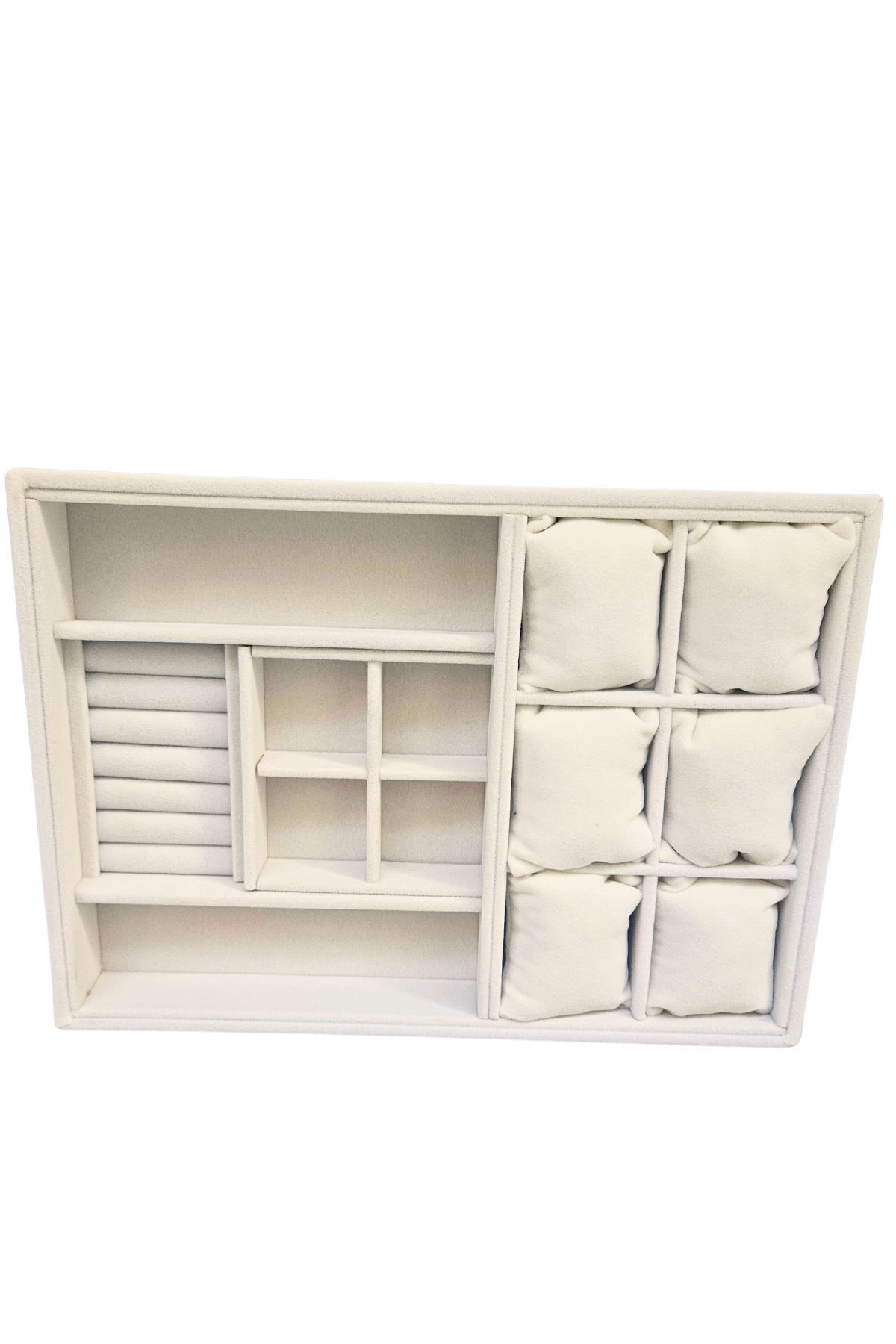 Organizer Cream Suede Table Necklace & Ring Organizer And Glasses(6 Pillows) (4 Compartments) (roll)