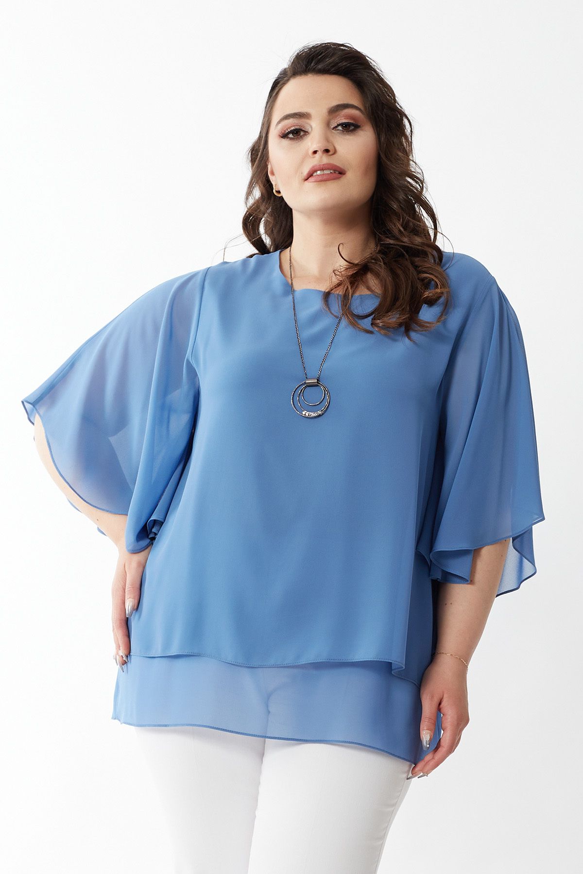 Moda Alba-Plus Size Chiffon Blouse - Cloud Bat Sleeve and Necklace 3