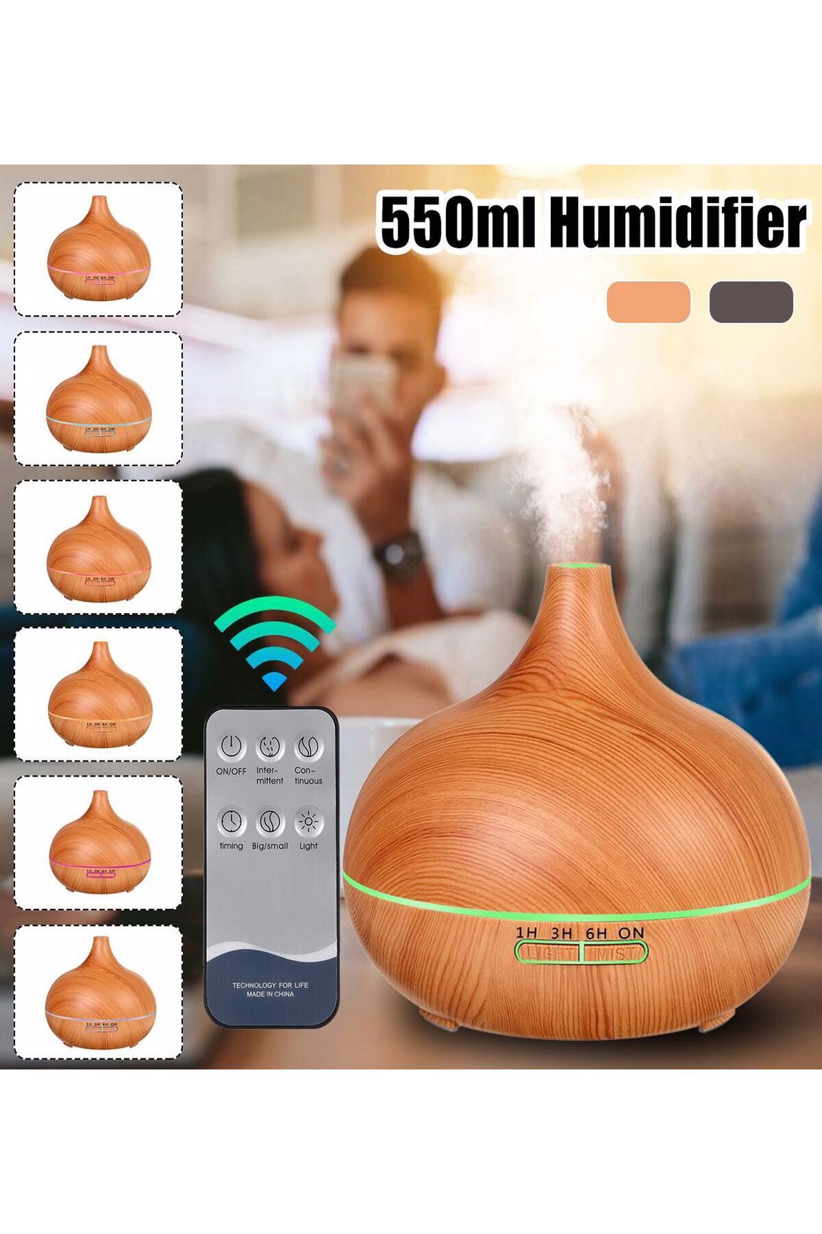 Butik Aroma Difüzör Gece Işığı 7 Led Nemlendirici Kumandalı Buhar Makinesi 550ml.