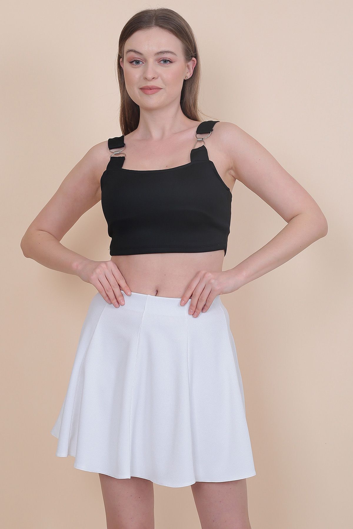 WAYS Kadın Beyaz Fitilli 8 Parçalı Mini Kloş Etek - 1