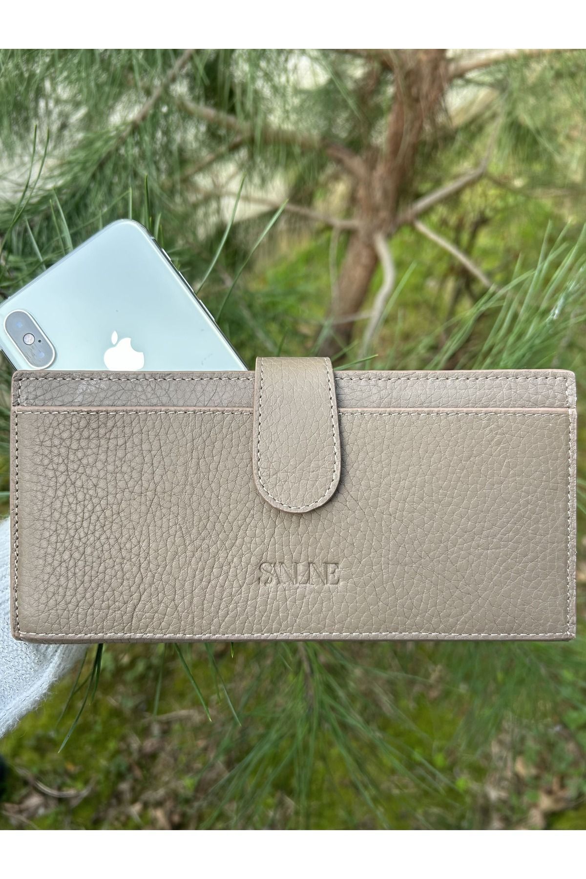 Sanlıne Genuine Leather Wallet with Phone Compartment - Hand Portfolio Mink