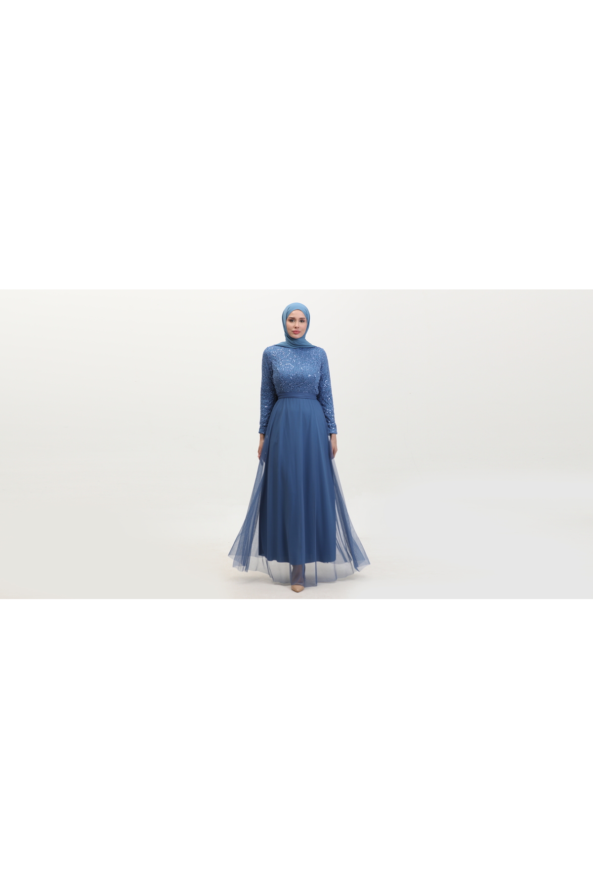پیراهن sefamerve مجلسی دخترانه کمربند 5353A-07 Mavi ماوی اورجینال - تصویر 2