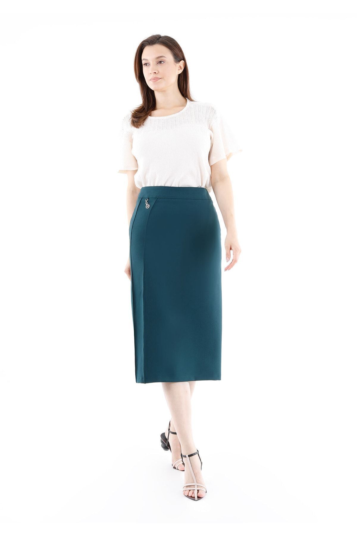 Guzella Green Stitching Detailed Knee Length Pencil Skirt Zippered and Slit Trendyol