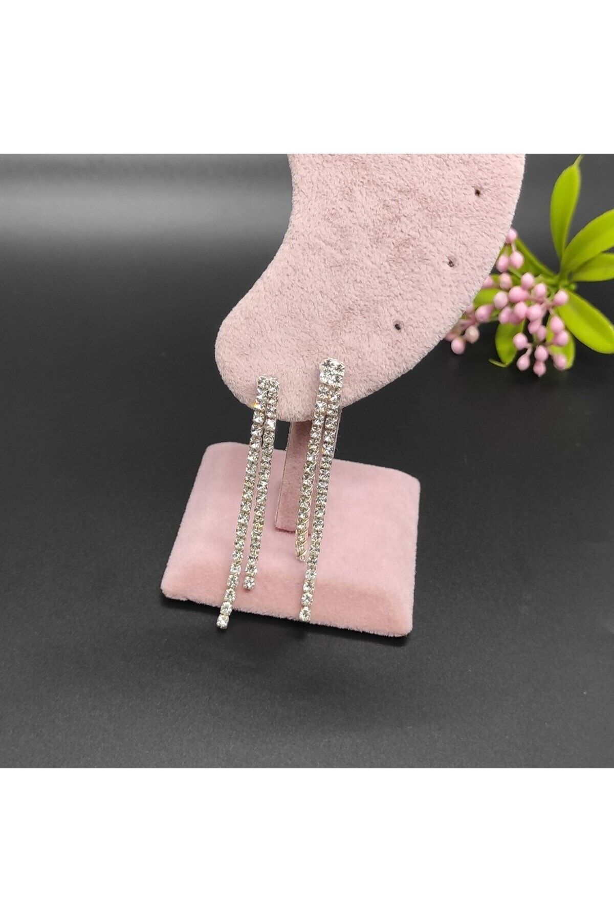 Abiye Küpe Suyolu Model 2 Kol Sallantılı Zirkon Taşlı 6 cm Gümüş Renk 4