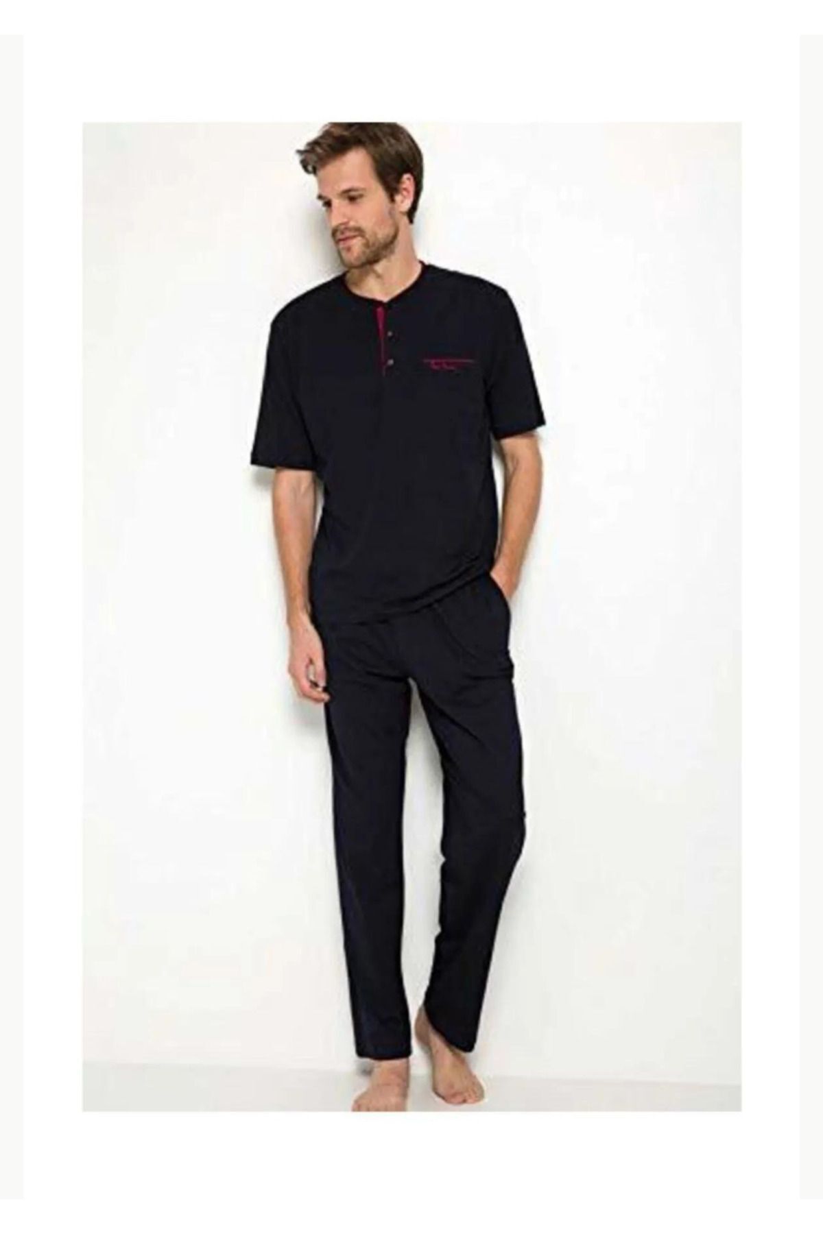 ست پیژامه آبی مردانه لباس خواب نخی آستین بلند YS5370 Pierre Cardin