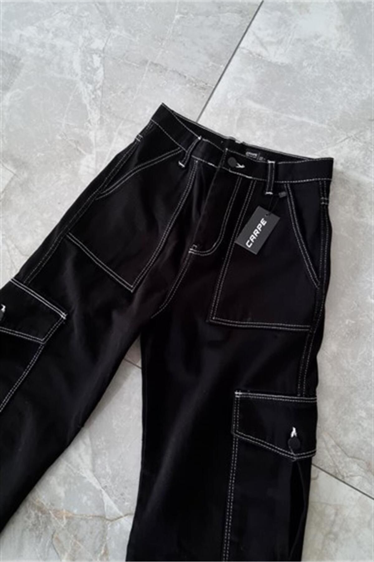 Carpe-Black Cargo Pants with White Stitching 2