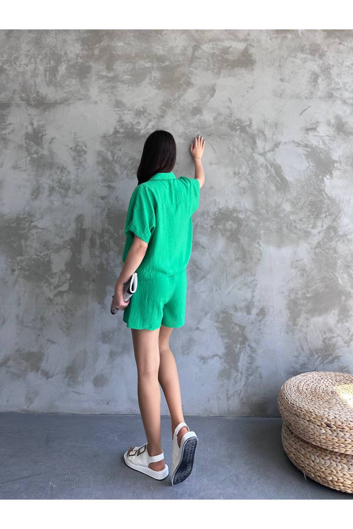 Women's Linen Shirt & Shorts Set Green Oversize Summer - Görsel 5
