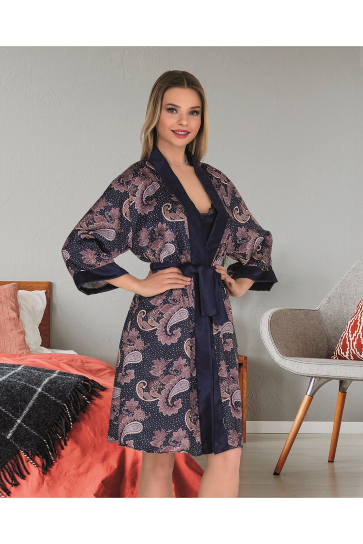 Women's Satin Nightgown Set with Rope Strap Dressing Gown 2004