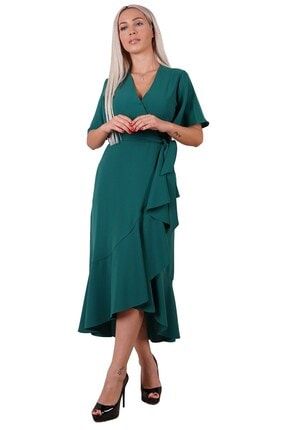 Yeşil Kemerli Fırfırlı Abiye Elbise P-0000005573