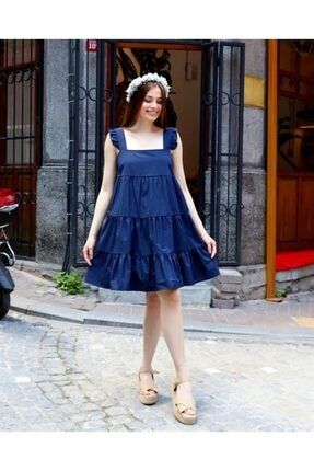 Kadın Lacivert Renk Fırfır Detaylı Poplin Elbise 1Y8100MD
