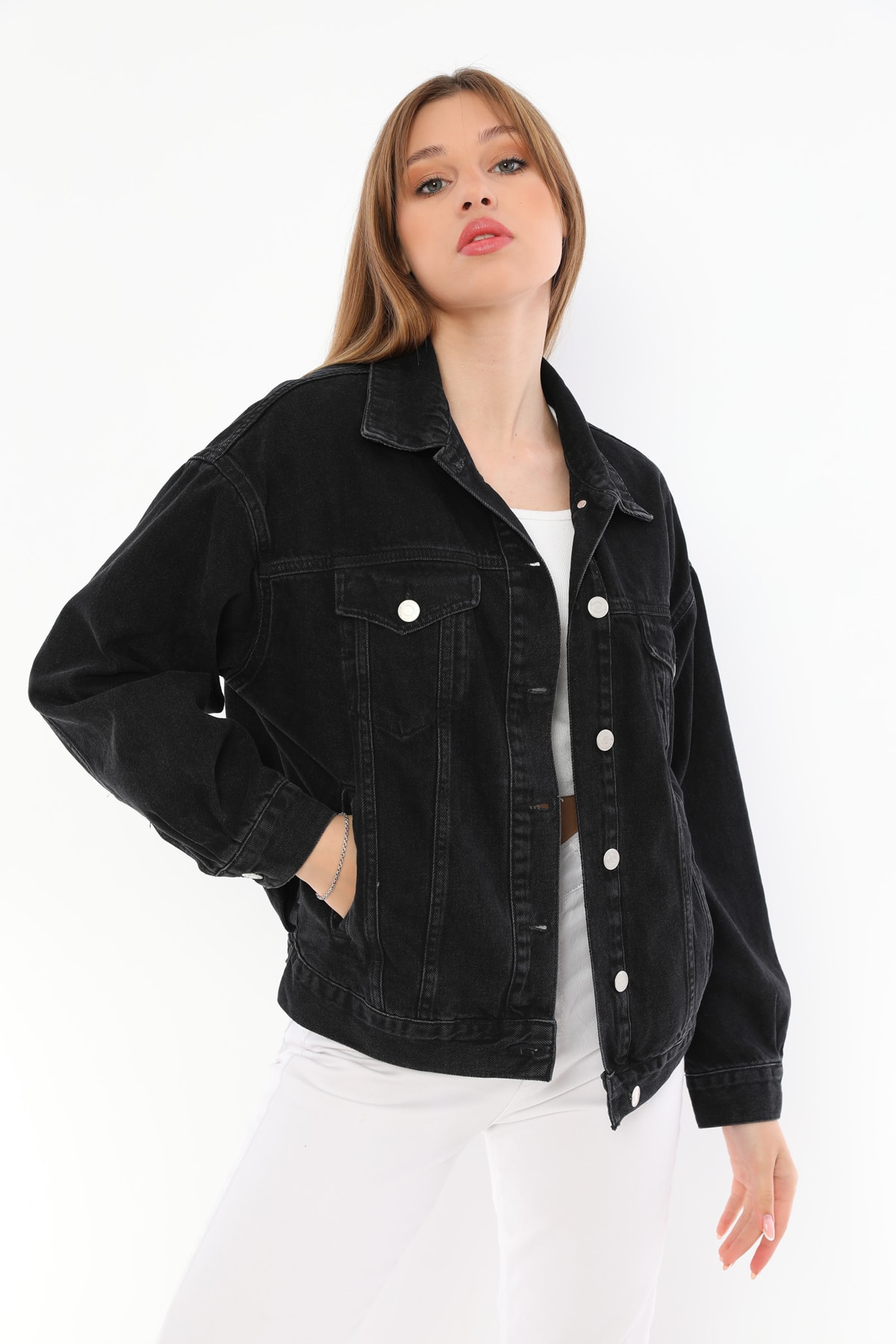 Darkly Jeans Kadın Oversize Siyah Denim Ceket CE8326