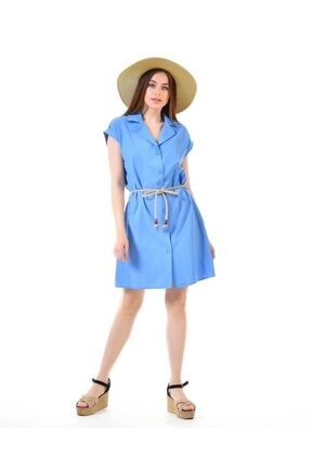 Kadın Mavi Renk Poplin Gömlek Elbise 1Y8115MD